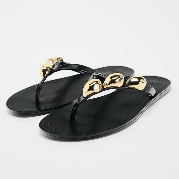 Zara Flat Leather Sandals with Decorative Detail - Picture 4 of 8